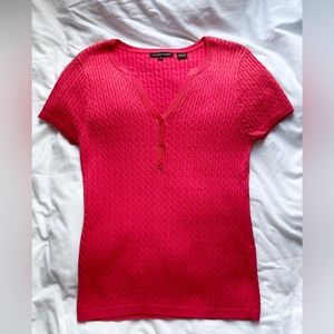 Red henley neck short sleeve sweater